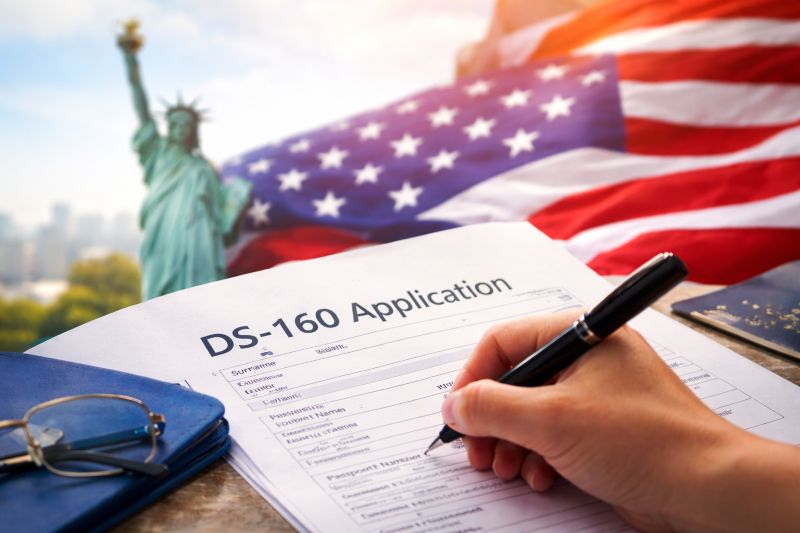 DS-160 formu dolduran el, arkada Amerikan bayrağı